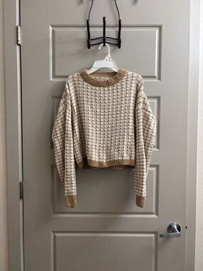 Pink Rose Cream and Tan Waffle-Knit Crewneck Sweater
